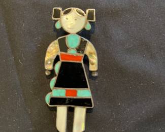 Pin /pendant inlaid with turquoise, jet, mop, coral.