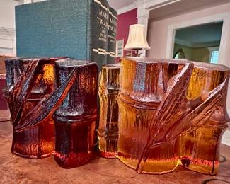 Blenko - MCM “Bamboo Shaft” Amber Glass Bookends 