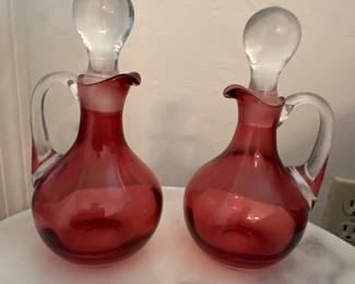 Hand blown cranberry glass cruets 
