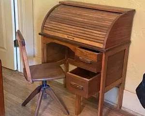 Adorable Antique Child's Roll-Top Desk with Chair