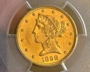 $5 liberty Gold Coin, circa 1898, .90 fine gold