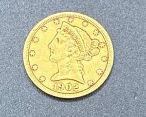 $5 liberty Gold Coin, circa 1902, .90 fine gold