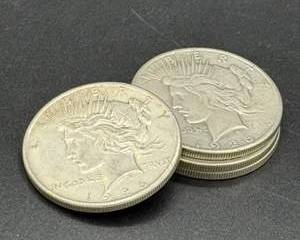 4 Silver Peace Dollars, Circa 1926, .90 Fine Silver, Circulated