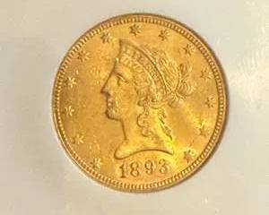 $10 liberty Gold Coin, circa 1893, .90 fine gold, MS62