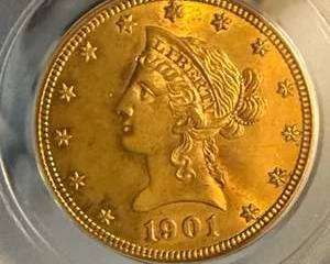 $10 liberty Gold Coin, circa 1901, .90 fine gold, Series: 68 Coin: 161