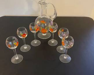 Hand painted wine decanter and stemware