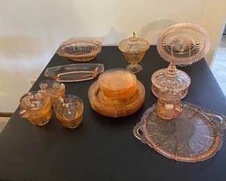 Pink depression dishes and miscellaneous serving ware