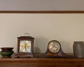Howard Miller mantle clock and Ingraham mantle clock and Vintage crocks