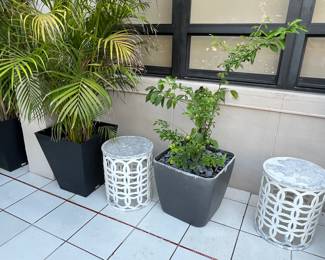 5 White Barrel tables and 2 of the gray planters
