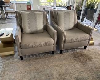 Pair of Pottery Barn Chairs Arm Chairs (33" wide x 40 deep x 35 1/2" tall And Pair of CB2 Gold side tables (24" x 12" x 16" tall)