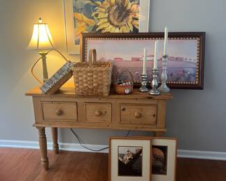 Baskets and framed art pieces.