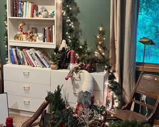 Christmas decorations all in working order, shelving unit and books for sale.