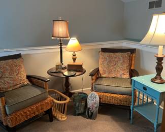 Victorian mirror and wood box, brass clock, lamps 2 Rattan chairs - perfect condition, Victorian table in great condition.