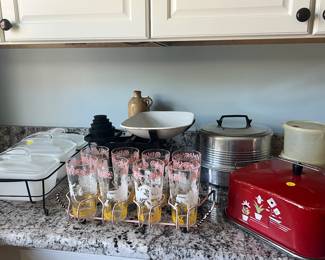 Vintage Horse and Carriage wedding glasses and carrier, milk glass with carrier also vintage, cake carriers circa 50’s. Shop scale and weights - great condition!