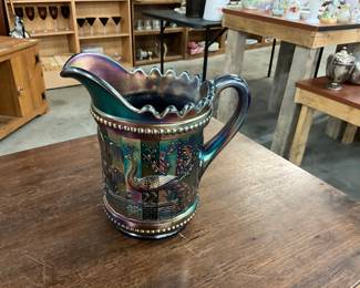 Dugan Iridescent Blue Peacock at the Fountain Carnival Glass Pitcher
