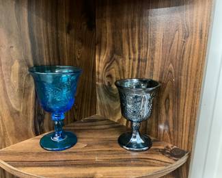 Cobalt Blue Glass Goblet - Iridescent Blue/Green Carnival Glass Goblet