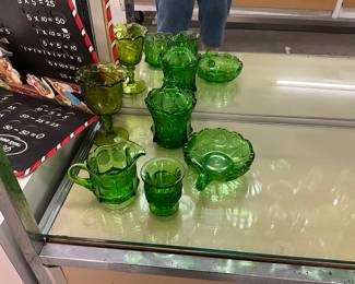 Assorted Olive Green Glass Items