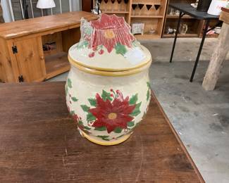 1970's Majolica Americana Christmas Poinsettia Cookie Jar
