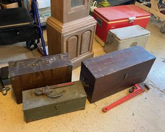 Wooden toolboxes with old hand tools 