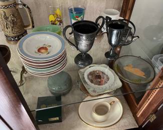 Lenox dish, metal teapot, beer stein, glasses