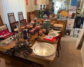 Great MCM dining set and chairs. Beautiful candelabras, vases.
New in box appliances.