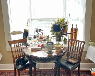 Game table. Wood chairs. Men dress shoes. Home decor.