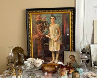 Framed picture. Antique dishes. Pitcher. Plates. Salt & pepper holder.