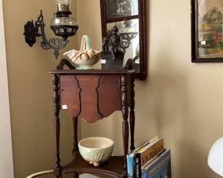 Wood end table. Wall decor.