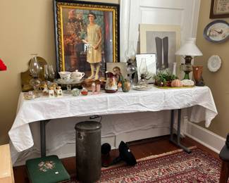 Framed picture. Antique dishes. Pitcher. Plates. Salt & pepper holder.
