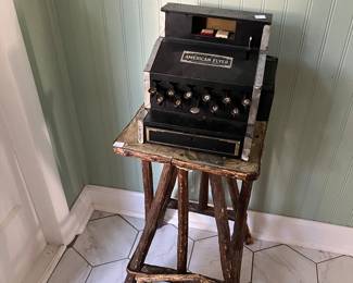 Vintage highchair. Vintage typewriter.