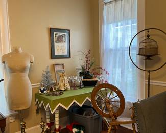 Antique table. Decor. Bird cage.
