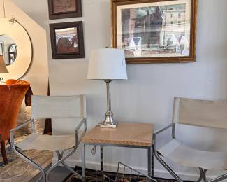 MCM Chrome Director’s Chairs, Chrome Magazine Rack, Chrome End Table, Brished Nickel Lamp 