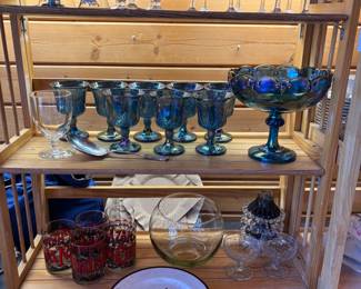 Carnival glass goblets, candy dish & footed bowl, dessert plates glassware