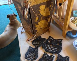 Art Nouveau Pyrography waist basket & owl trivets