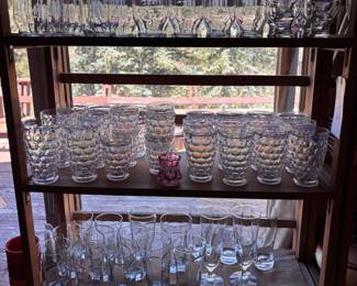 Fostoria rainbow glasses, “M” monogrammed glass set