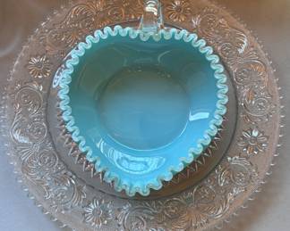 Ribbon candy dish, sandwich glass platter