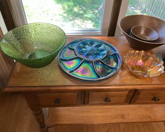 Large Soreno glass bowl, Carnival glass egg plate, marigold carnival bowl