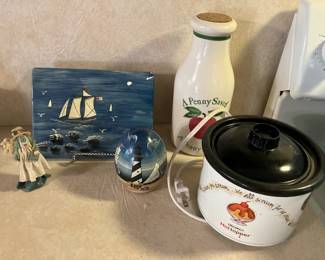 Tile w ship, coin bank, small crock pot