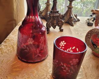 VINTAGE RED CUT TO CLEAR GLASS WATER SERVER, CZECH RUBY DECANTER
