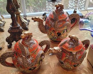Vintage Japanese Satsuma Moriage Gold Dragon Ware Teapots