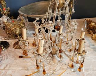 Scrolled Gilt Metal and Beaded Glass Chandelier with Amber Accents