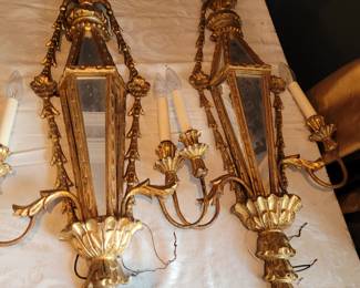 1960s Italian Carved Wood Mirrored Sconces 