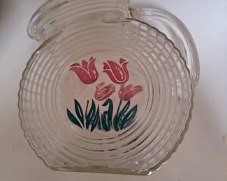 1940s glass juice pitcher, large, fired on flowers.
