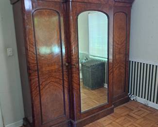 1880s Walnut Armoire, American, original fabric lining, comes apart in 5 pieces for transport Fabulous for storage, statement piece in a foyer or shop, wonderful condition, See detail pics. $1500.00 You must move.