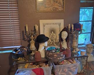 vintage ties, new novelty socks, fancy lamps, hats, mannequins, art