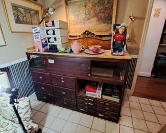 Antique store counter (showing back) needs glass top. Fabulous storage with a display case on top with sliding doors. HEAVY - bring help! $250