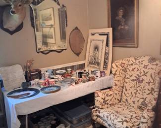 Taxidermy mount, Pear Soap oil painting, Colonial Williamsburg 1930s reproduction of an 18th century style huge wingback chair, marked, needs reupholstering.