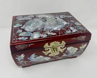 12 MotherofPearlInlaidLacquerJewelryBoxwMirrorRedLining