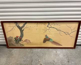 86 OversizedFramedTextileArtPheasantsBlossoms3DFabricDetail