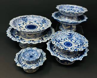 44 SetofThaiBlueWhitePedestalDishesFloralMotif